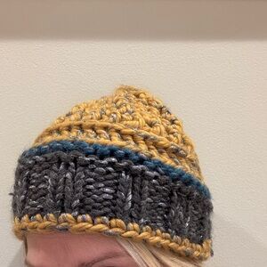 Handmade Knit Beanie in Mustard and Navy Blue